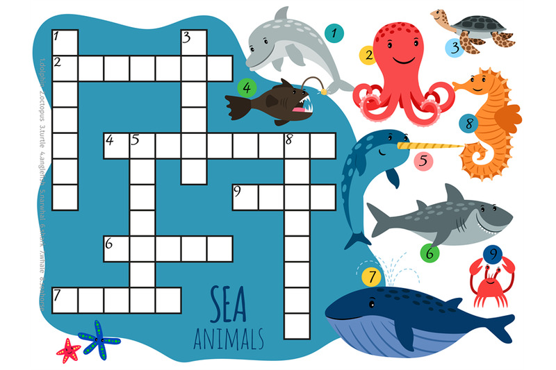 vector-sea-animals-crossword-template-with-cartoon-characters