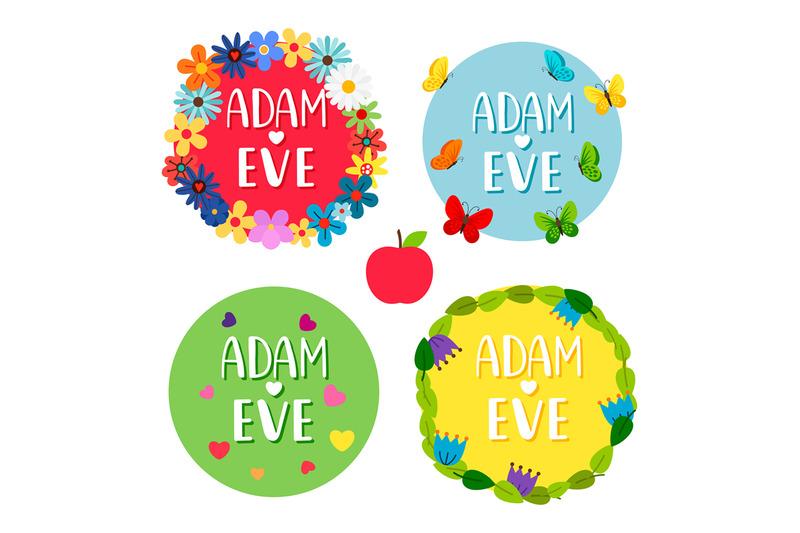 adam-and-eve-banners-with-flowers-leaves-butterflies-hearts-vector