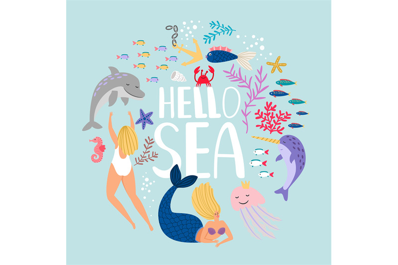 hello-sea-design-of-t-shirt-fish-algae-and-sea-animals