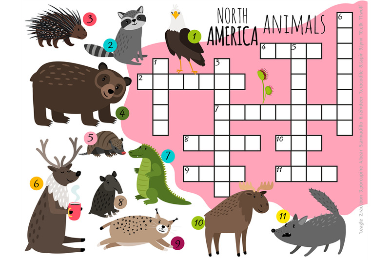 cartoon-north-america-animals-kids-crossword-vector-design