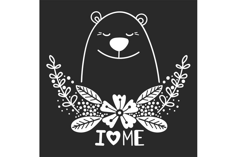 happy-vector-white-bear-with-floral-elements-and-lettering-i-love-me-i