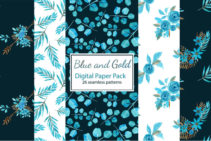 blue-and-gold-floral-digital-paper-pack