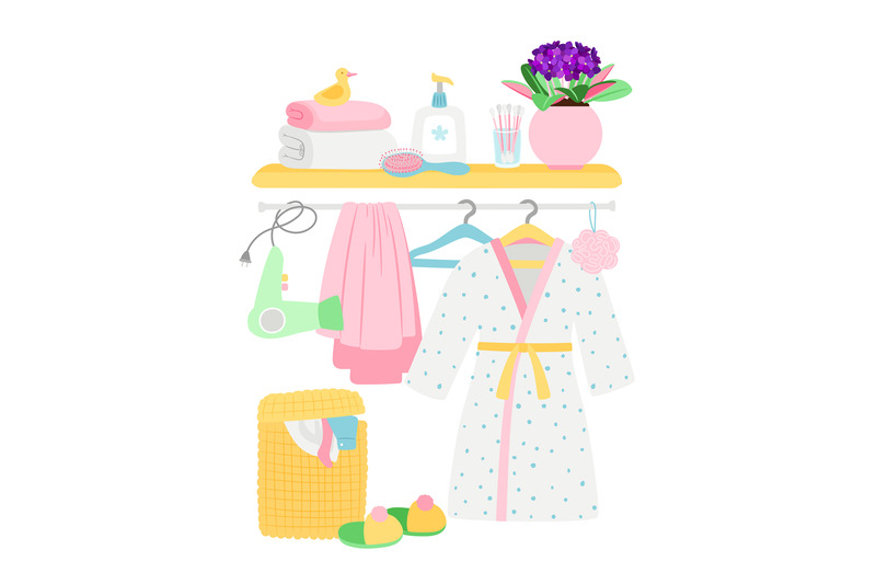 bathroom-accessories-hygiene-items-bathrobe-laundry-basket-vector-i