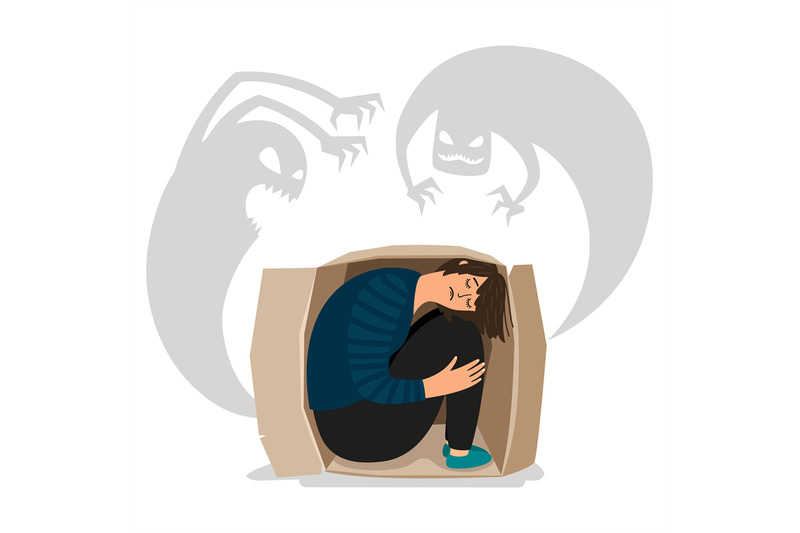 scary-depressed-monsters-and-sad-girl-vector-illustration
