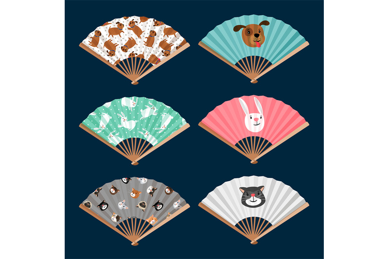 set-of-fans-pattern-with-dog-cat-and-bunny