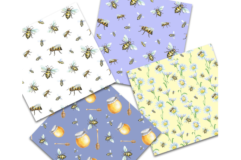 watercolor-digital-paper-with-bees-and-honey-seamless-pattern-patter