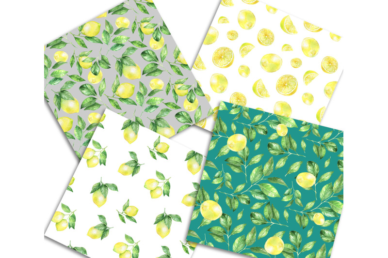 set-of-watercolor-digital-paper-with-lemons-seamless-patterns