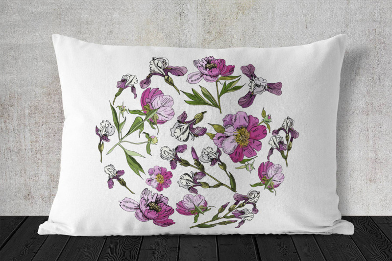 circle-template-with-hand-drawn-sketch-of-purple-iris-and-pink-peony