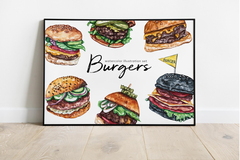 watercolor-food-set-illustrations-burger-6-burgers