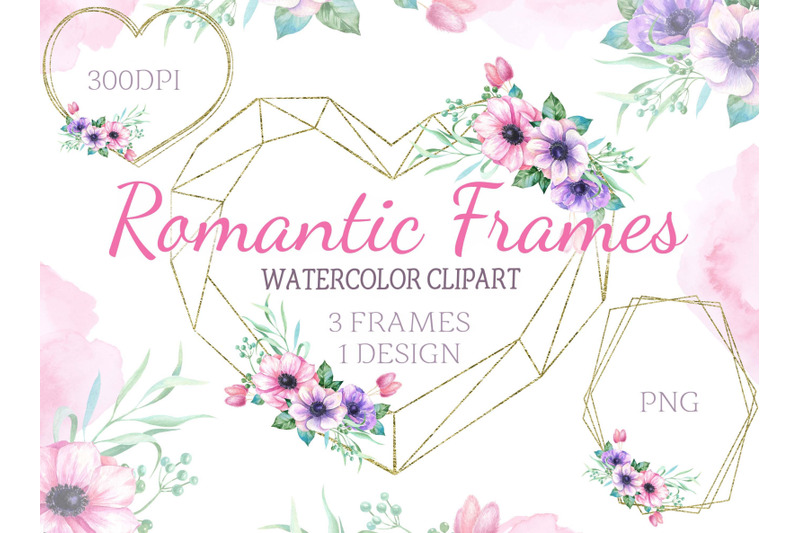 geometric-frames-with-watercolor-flowers-anemone-heart