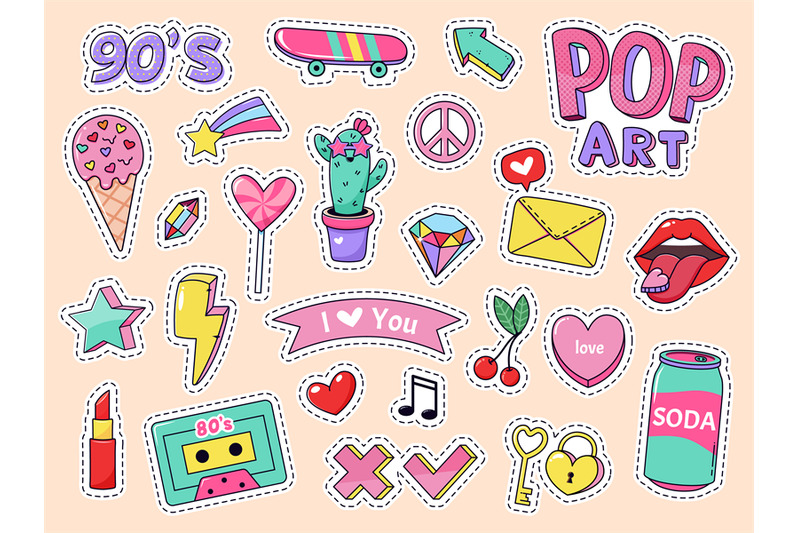 fashion-pop-art-patch-stickers-girls-cartoon-cute-badges-doodle-teen