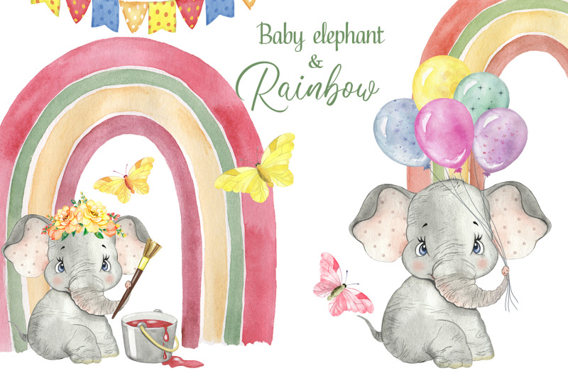 watercolor-rainbow-clipart-elephant-clipart-watercolor-printable-art