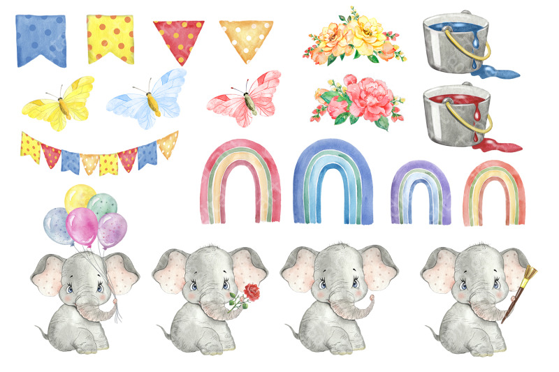 watercolor-rainbow-clipart-elephant-clipart-watercolor-printable-art