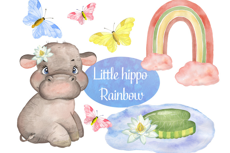 hippo-watercolor-clipart-cute-baby-animal-and-rainbow-safari-animal