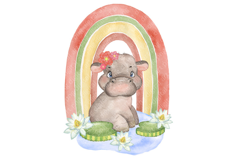 hippo-watercolor-clipart-cute-baby-animal-and-rainbow-safari-animal