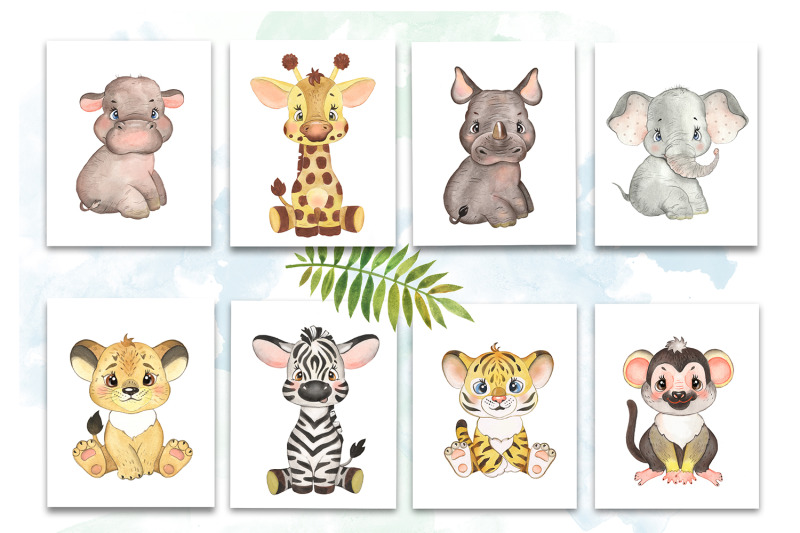 watercolor painting baby safari animals