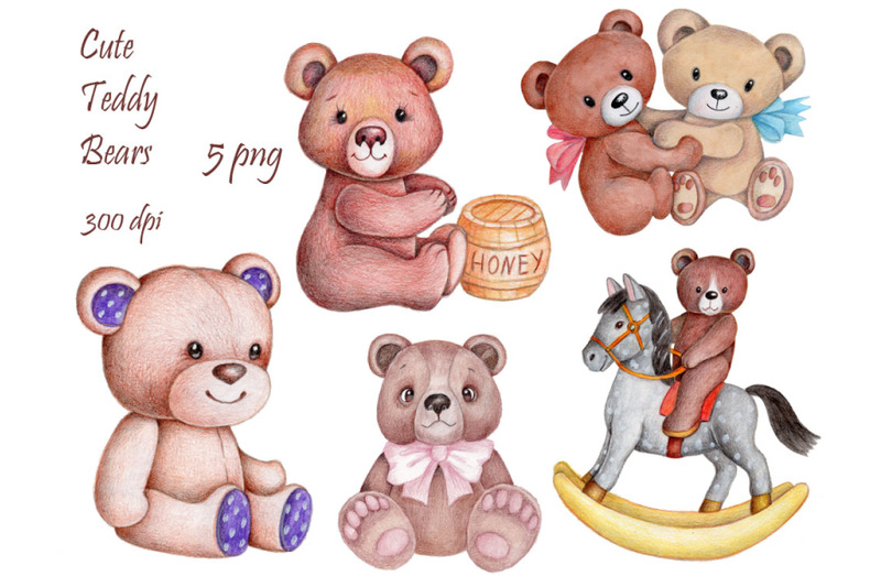 set-of-cute-teddy-bears-watercolor-and-pencils