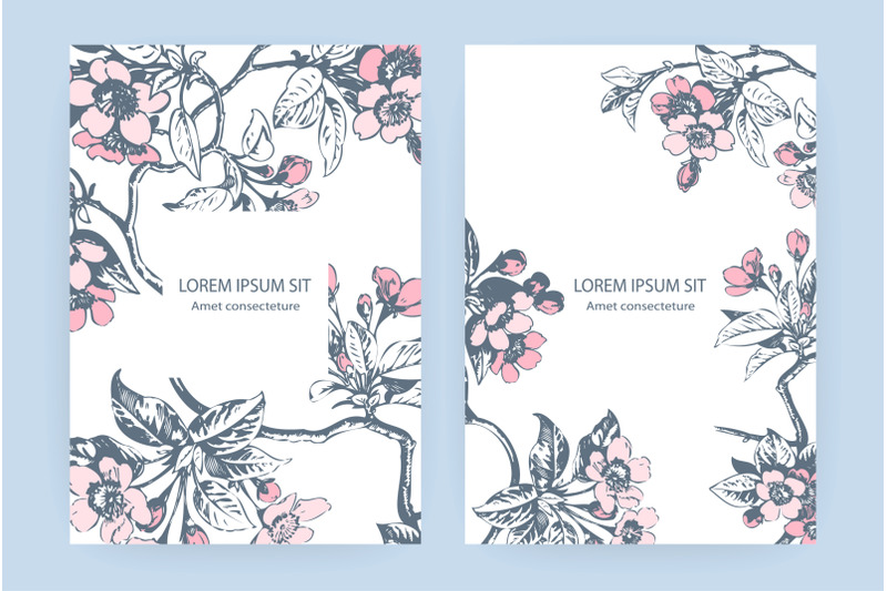 hand-drawn-sakura-pink-blossom-flowers-and-leaves-on-branches