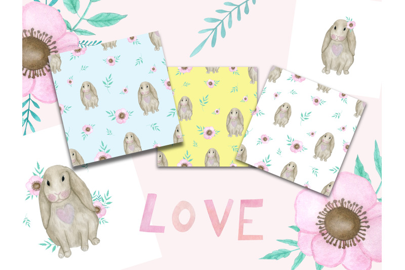 watercolor-set-with-cute-bunnys-easter-patterns