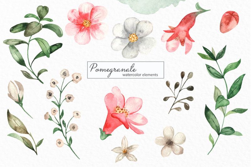 watercolor-pomegranate-clipart-frames-wreaths-seamless-patterns