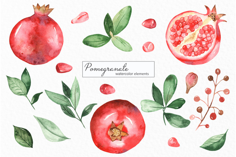watercolor-pomegranate-clipart-frames-wreaths-seamless-patterns