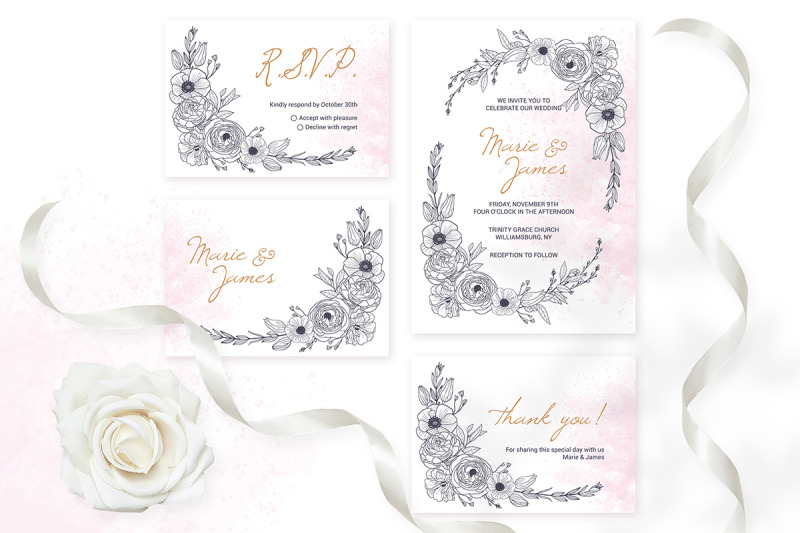 floral-wedding-invitation-cards-templates-monochrome-graphic