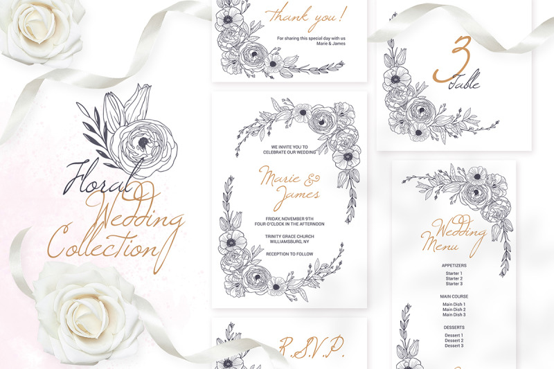 floral-wedding-invitation-cards-templates-monochrome-graphic