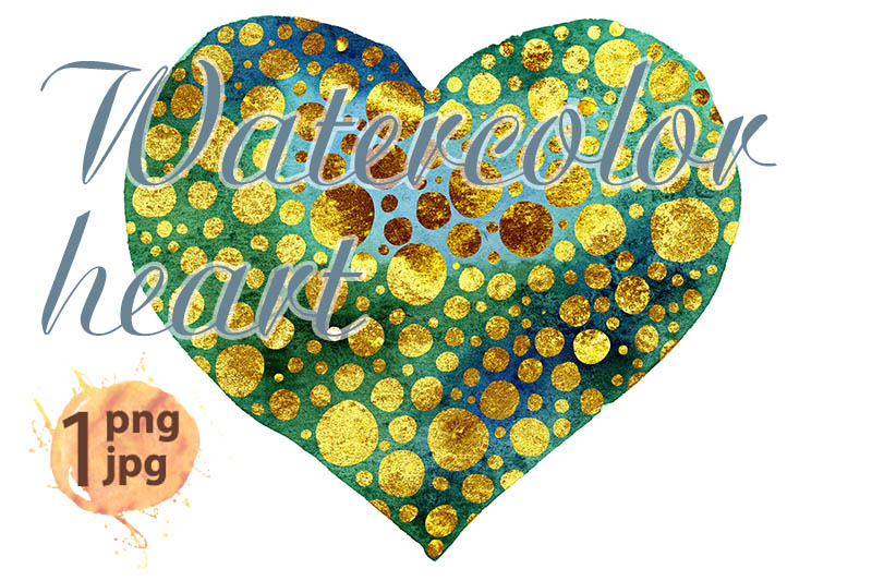 watercolor-dark-green-heart-with-gold-dots