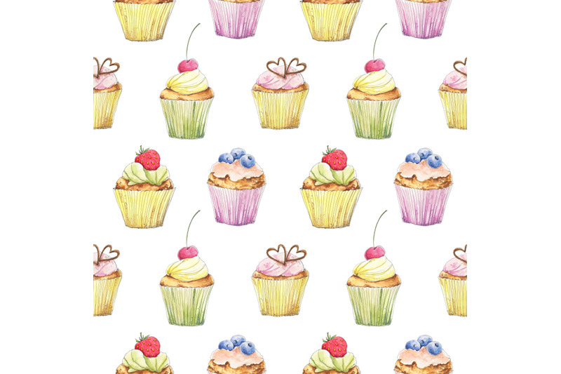 food-dessert-watercolor-seamless-pattern-with-cupcakes