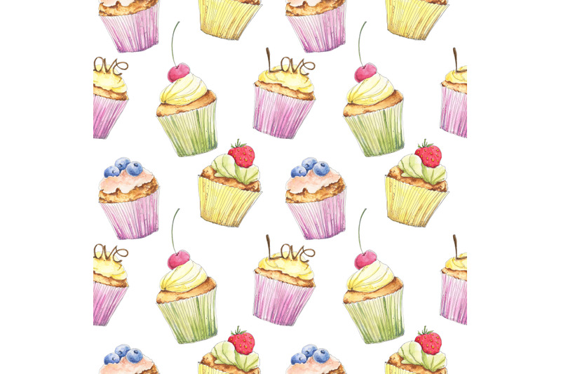 food-dessert-watercolor-seamless-pattern-with-cupcakes