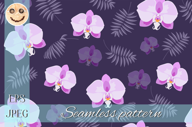 pink-orchid-and-palm-branch-on-the-purple-seamless-pattern