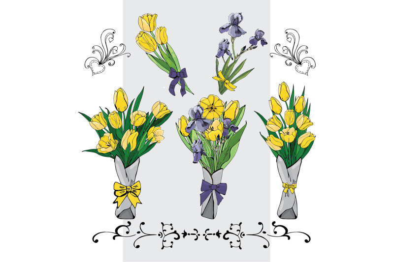 hand-drawn-sketch-of-yellow-tulip-and-purple-iris-flowers-vector