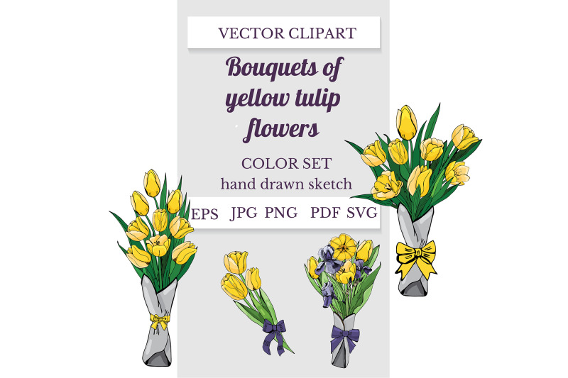 hand-drawn-sketch-of-yellow-tulip-and-purple-iris-flowers-vector
