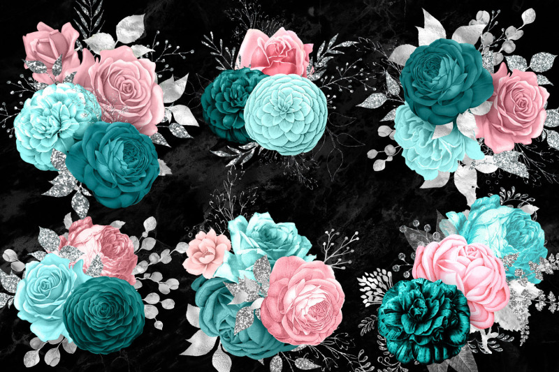 pink-aqua-and-silver-bouquets-clipart