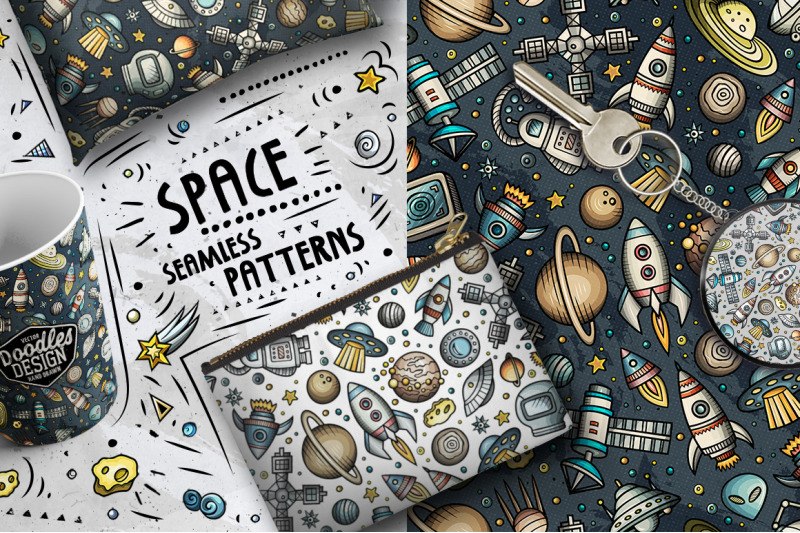 space-cartoon-doodle-seamless-patterns-set