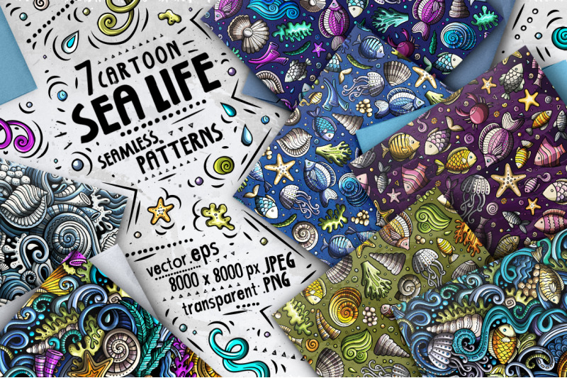 sea-life-cartoon-doodle-seamless-patterns-set