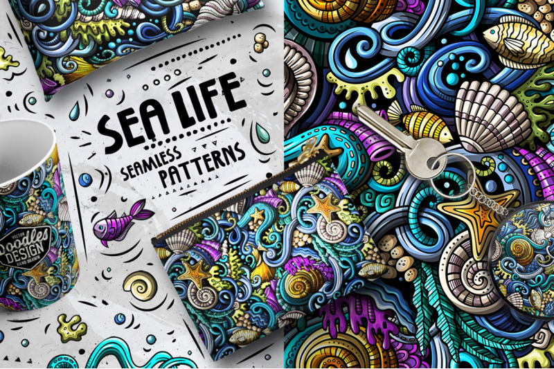 sea-life-cartoon-doodle-seamless-patterns-set