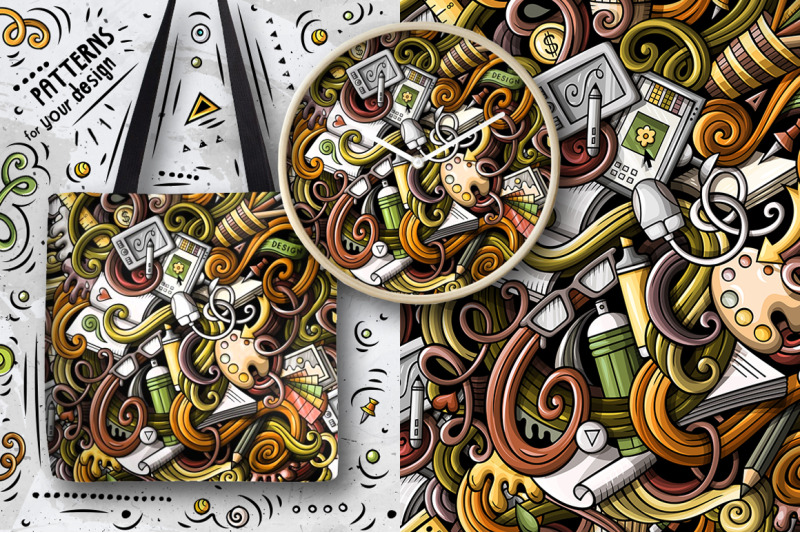 art-and-design-cartoon-doodle-seamless-patterns-set