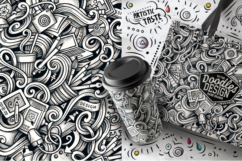art-and-design-cartoon-doodle-seamless-patterns-set