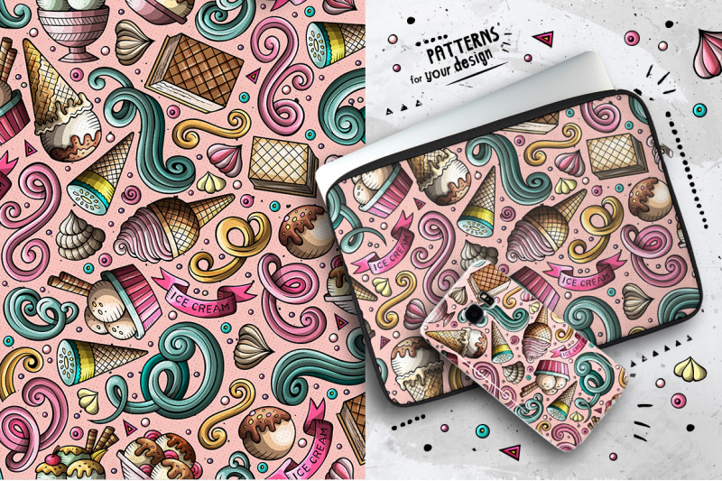 ice-cream-cartoon-doodle-seamless-patterns-set