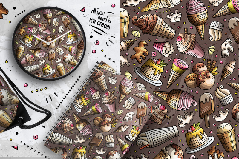 ice-cream-cartoon-doodle-seamless-patterns-set