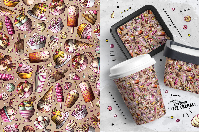 ice-cream-cartoon-doodle-seamless-patterns-set