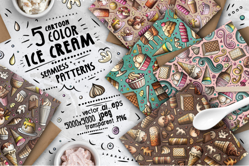 ice-cream-cartoon-doodle-seamless-patterns-set