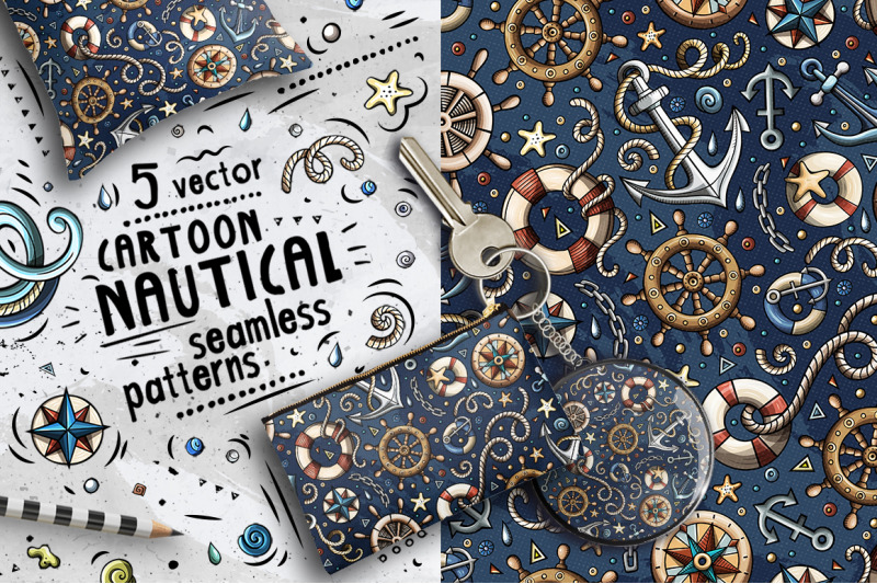 nautical-cartoon-doodle-seamless-patterns-set