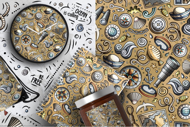 nautical-cartoon-doodle-seamless-patterns-set