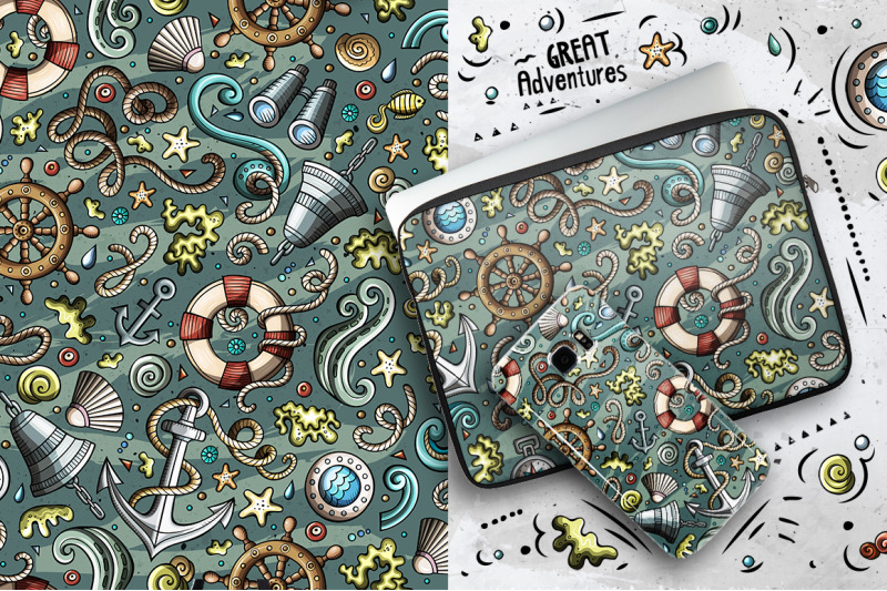 nautical-cartoon-doodle-seamless-patterns-set