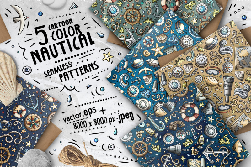 nautical-cartoon-doodle-seamless-patterns-set