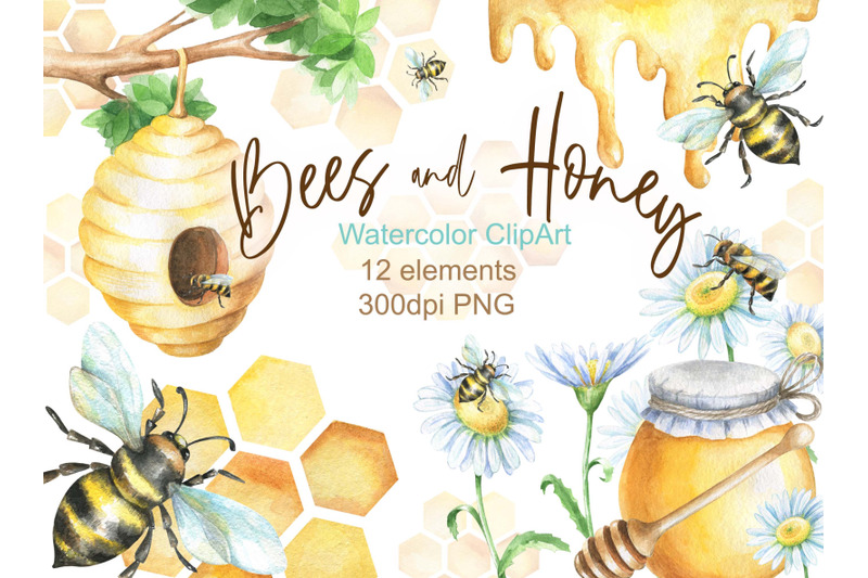 Download Watercolor bees and honey clipart png digital clip art ...