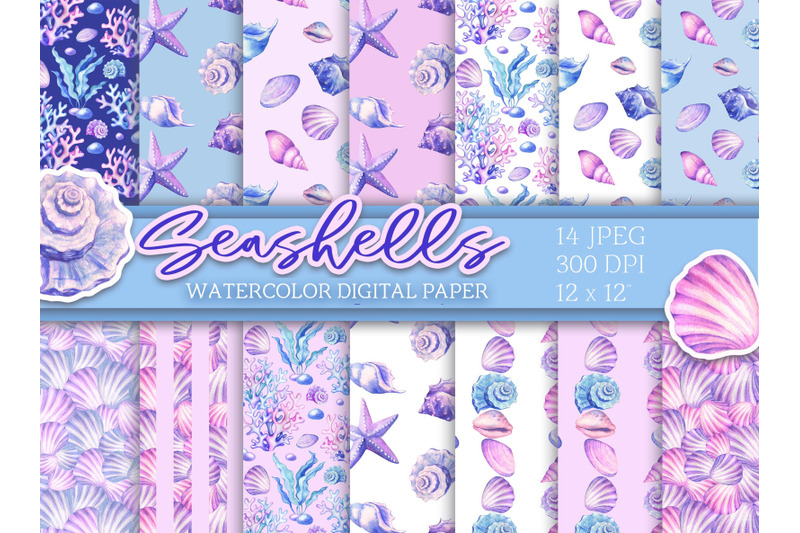 watercolor-seashells-digital-paper-seamless-patterns-scrapbooking