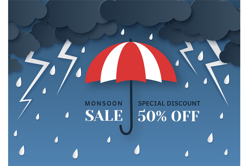 monsoon-sale-paper-cut-origami-style-umbrella-rain-and-clouds-thund